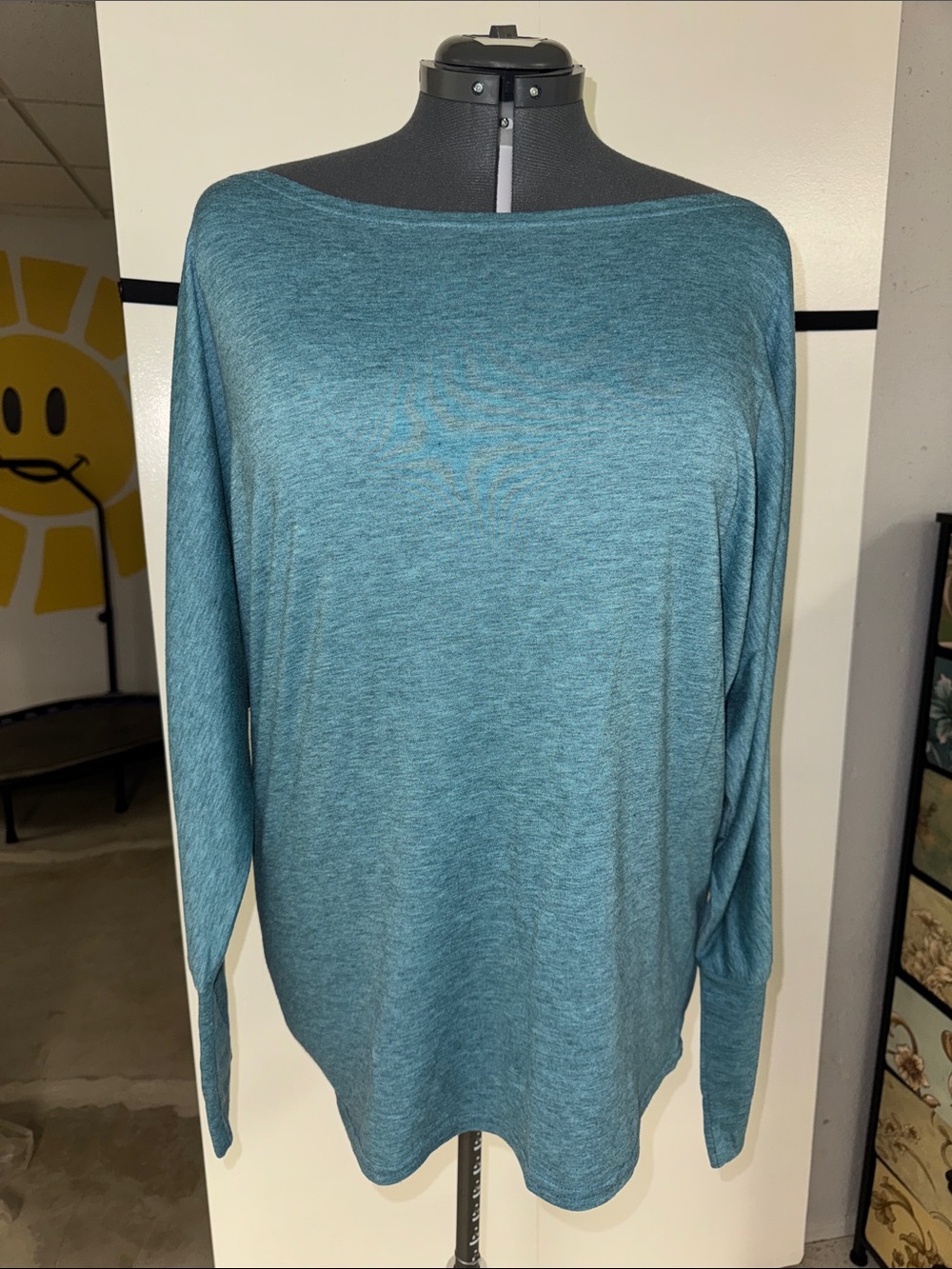 Relaxed Boatneck/Off-shoulder Lightweight Teal Long-Sleeve Top